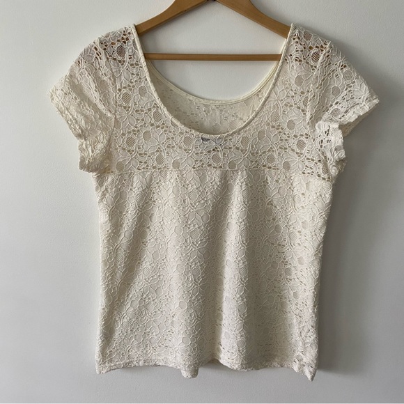 3/$30💚Smart Set cream white lace floral short sleeve top size large - Picture 10 of 15